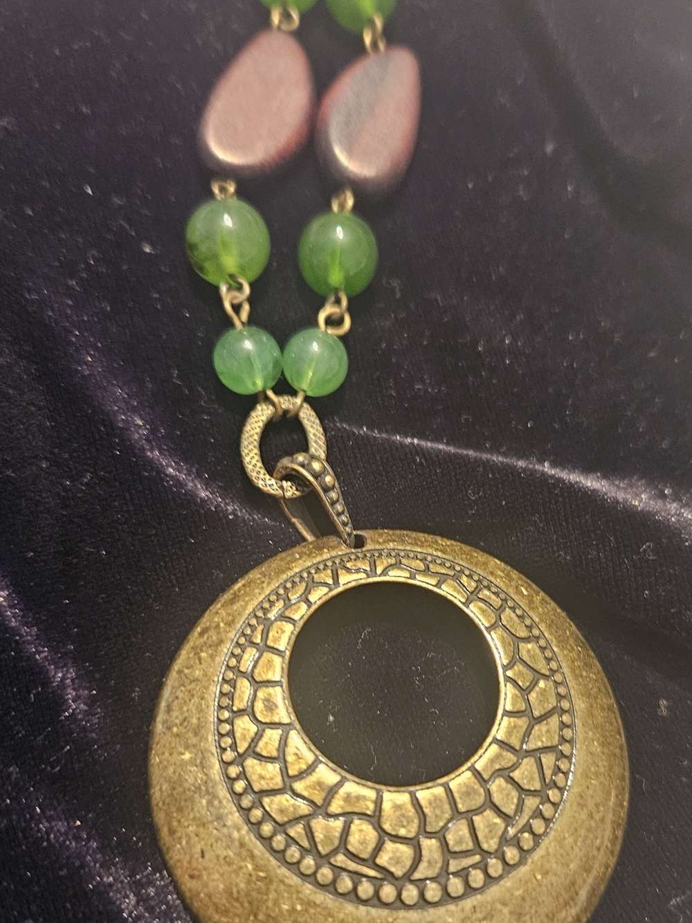 Antique Gold-Tone Pendant Necklace with Green And Wooden Beads